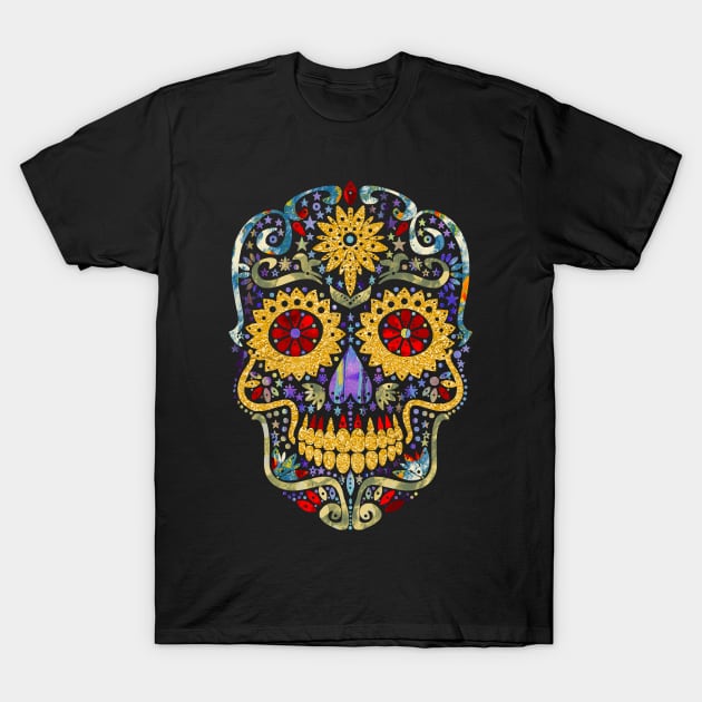 Gothic Day Of The Dead - Stars Sugar Skull - gold colors T-Shirt by EDDArt